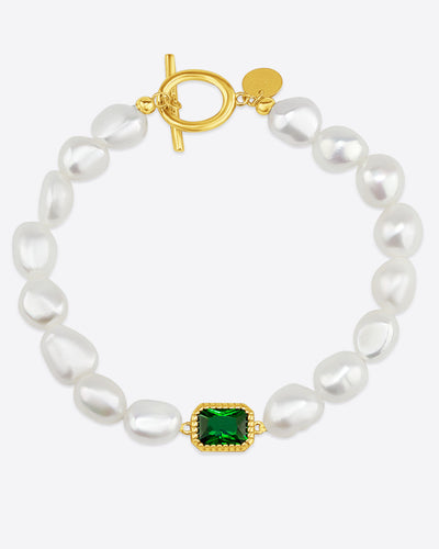 DANIEL CLIFFORD „Ellen“ Damen Armband Perlen Süßwasserzucht Silber 925 vergoldet 14k Gold & Zirkonia Kristall grün, Perlenarmband Knebel-Verschluss 