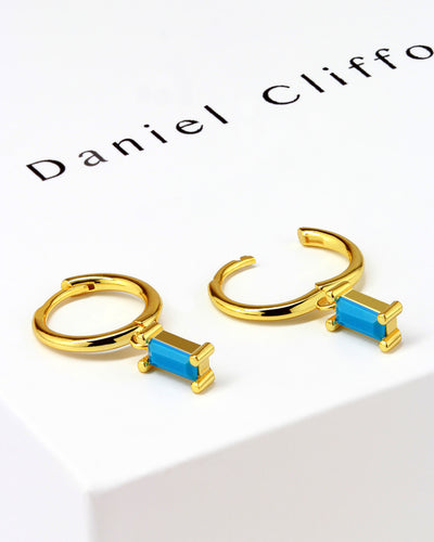 DANIEL CLIFFORD „Claire“ Damen Creolen Silber 925 vergoldet 18k Gold mit Anhänger Zirkonia, 11mm Klapp-Creolen mit Kristall-Anhänger#farbe_tuerkis