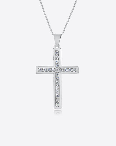 DANIEL CLIFFORD „Camille“ Damen Halskette Silber 925 Kreuz Anhänger, 45cm Kreuzkette Sterlingsilber Zirkonia Kristalle, Silberkette Kreuzanhänger